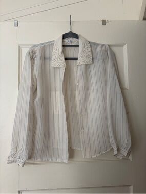 White Striped Button-Up Shirt with Lace Collar